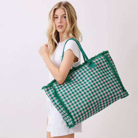 Gingham Check Terry Cloth Frayed Shoulder Tote Bag