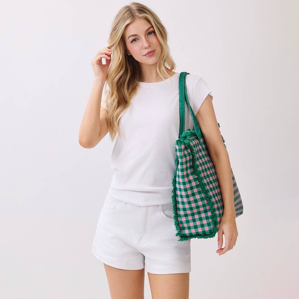 Gingham Check Terry Cloth Frayed Shoulder Tote Bag