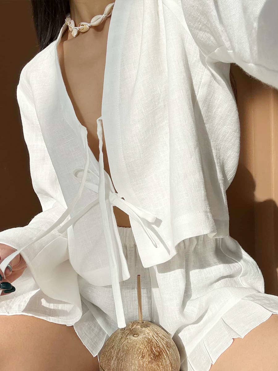 Summer Cotton Tie Cardigan Shorts Set