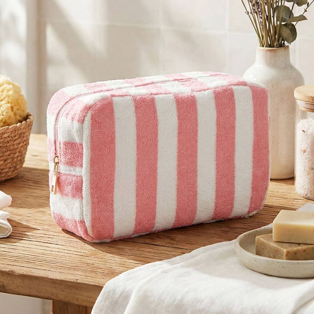 Striped Terry Cloth Cosmetic Pouch Bag