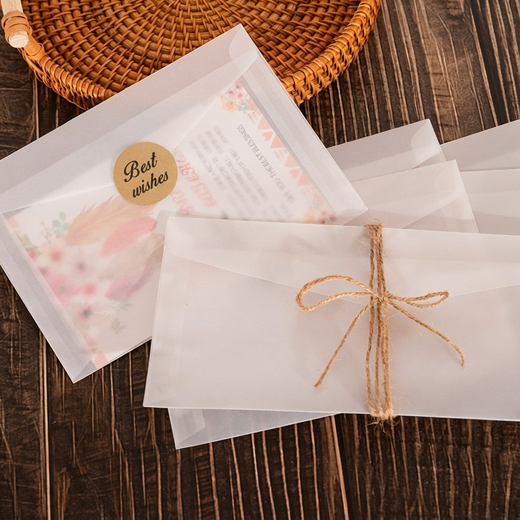 100pc, 4 sizes Frosted Vellum Fold Envelope w/ Free Sticker