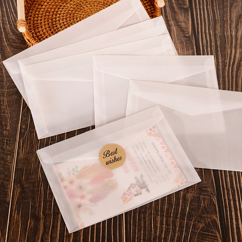 100pc, 4 sizes Frosted Vellum Fold Envelope w/ Free Sticker